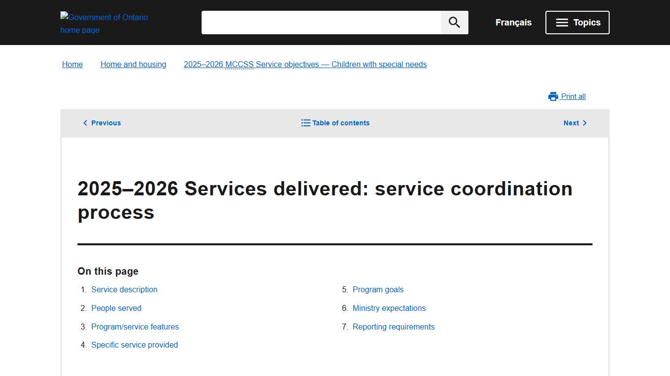 2025–2026 Services delivered: service coordination process | 2025–2026 MCCSS Service objectives — Children with special needs | ontario.ca
