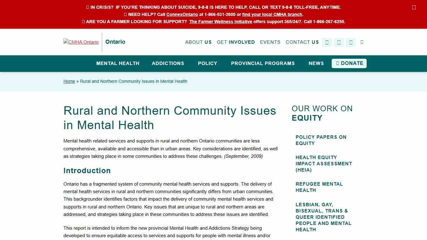 Rural and Northern Community Issues in Mental Health